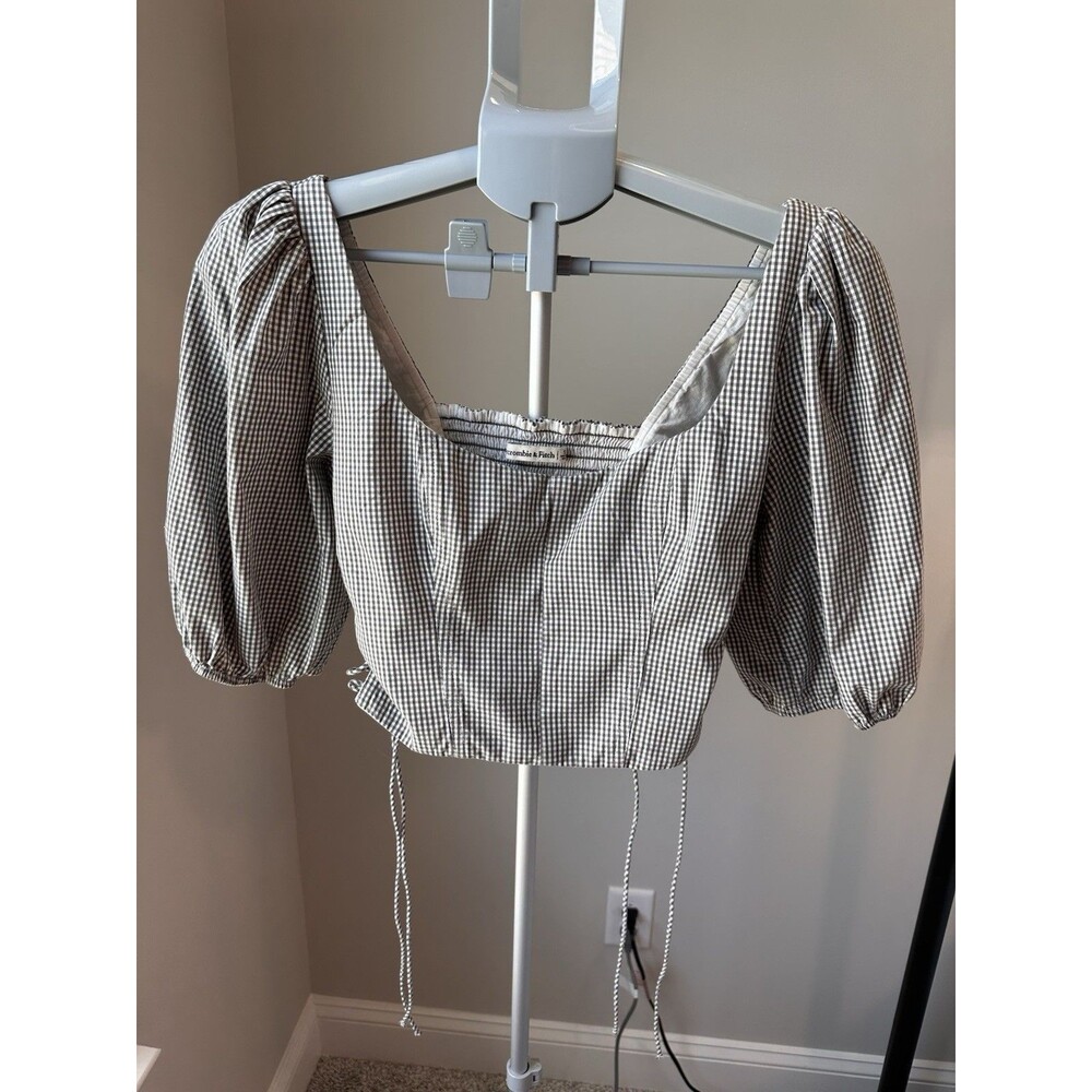 Abercrombie & Fitch Puff Sleeve Gingham Crop Top Milkmaid Peasant Lace Up Small - Picture 2 of 5